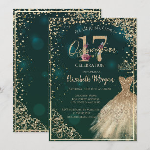Invitación Tiara de vestido de oro, diamantes Quinceañera flo