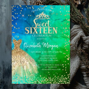 Invitación Tiara de vestido de oro, diamantes Quinceañera ver