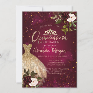Invitación Tiara de vestido de oro, flores de borgoña Quincea