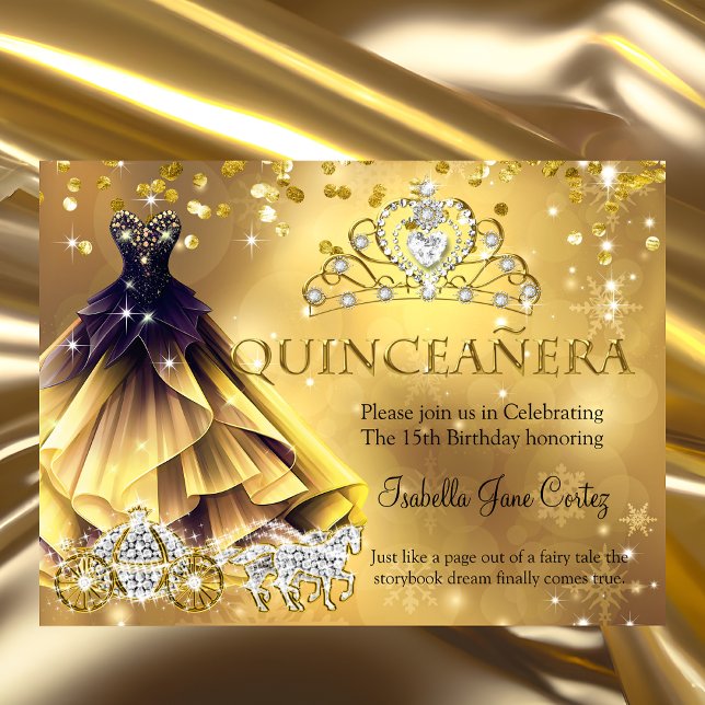 Invitación Tiara de vestido de oro para cumpleaños de Quincea (Subido por el creador)