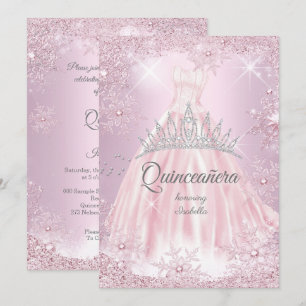 Invitación Tiara de vestido de quinceañera rosa copo de nieve