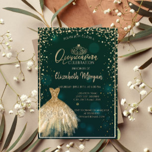 Invitación Tiara de vestido dorado chic, diamantes Quinceañer