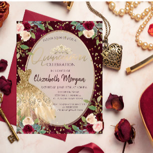 Invitación Tiara de vestido dorado chic, Quinceañera de rosas