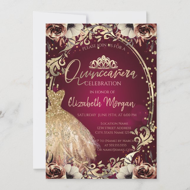 Invitación Tiara de vestido, flores de marco Quinceañera burd (Anverso)