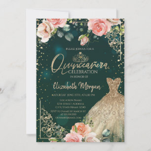 Invitación Tiara de vestido verde dorado, rosas de Quinceañer