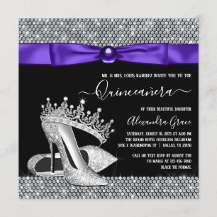 Invitación Tiara de zapato Quinceañera de diamante negro púrp