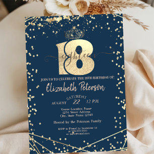 Invitación Tiara, Diamantes Azul Marino Oro Cumpleaños 18