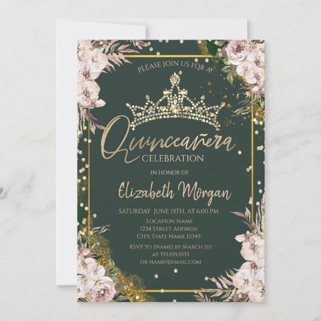 Invitación Tiara, Diamantes Boho Flores Verde Quinceañera  (Anverso)