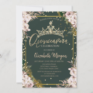 Invitación Tiara, Diamantes Boho Flores Verde Quinceañera