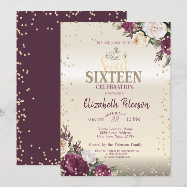 Invitación Tiara, Diamantes Florales, Dulce Borgoña 16 Fiesta (Anverso / Reverso)