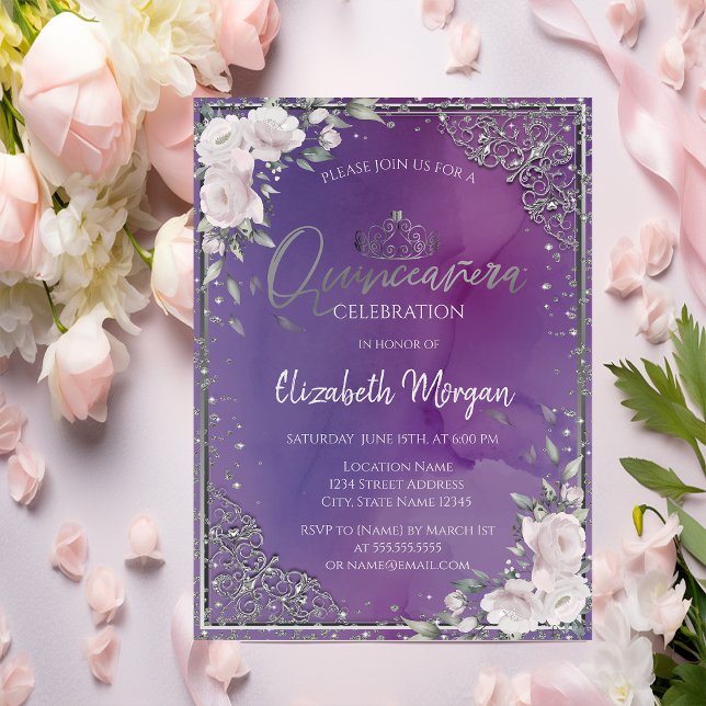 Invitación Tiara, Diamantes Flores De Marco Violeta Quinceañe (Subido por el creador)