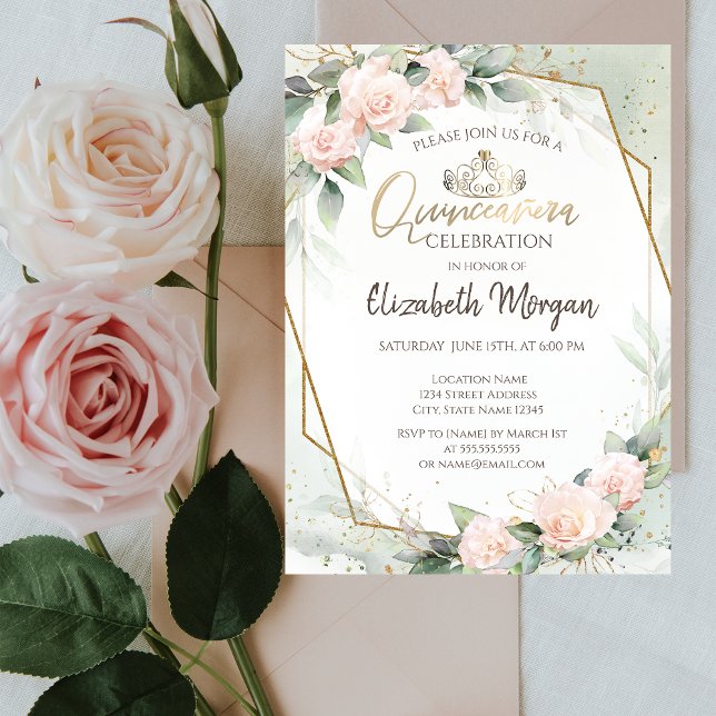 Invitación Tiara, Diamantes, Rosas acuarela Verde Quinceañera (Subido por el creador)