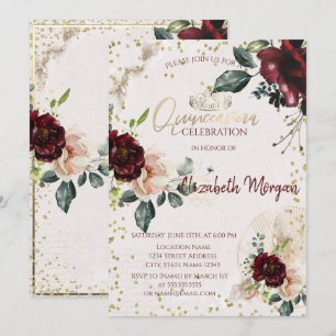 Invitación Tiara, Diamantes Rosas Borgoña Quinceañera