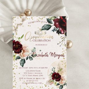 Invitación Tiara, Diamantes Rosas Borgoña Quinceañera