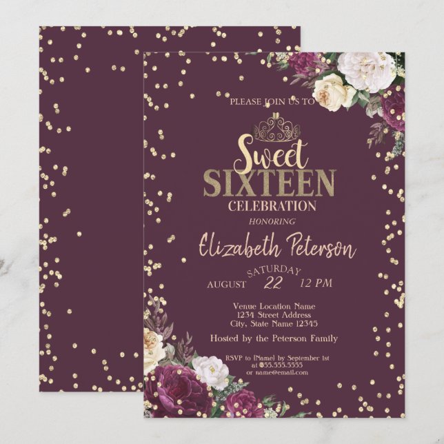 Invitación Tiara, Diamonds Borgoña Dulce Floral 16 Fiesta (Anverso / Reverso)