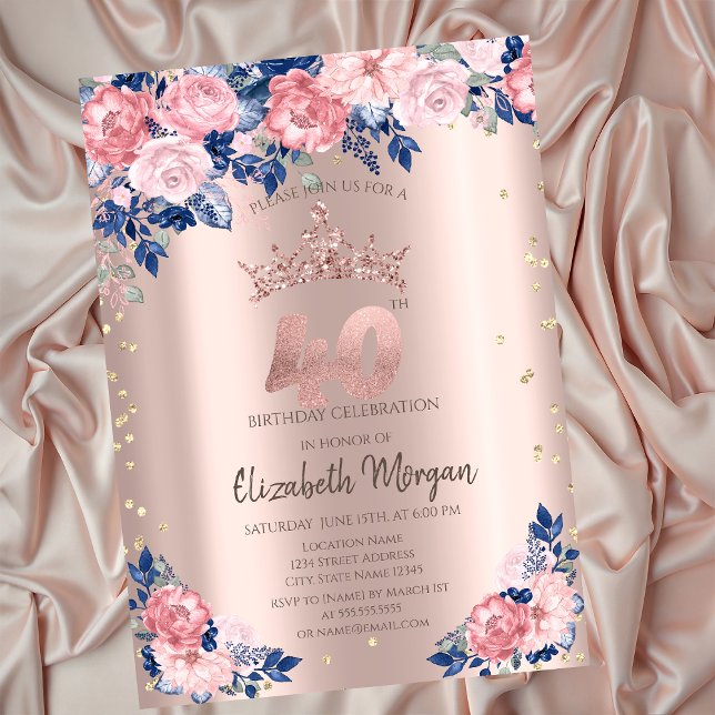 Invitación Tiara Diamonds Rosas azules Rosa Oro 40 cumpleaños (Subido por el creador)
