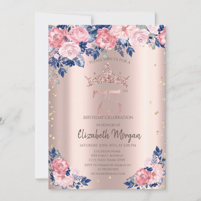 Invitación Tiara Diamonds Rosas azules Rosa Oro 75 cumpleaños (Anverso)
