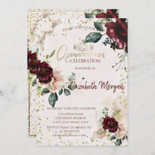 Invitación Tiara, Diamonds Rosas de Borgoña Quinceañera