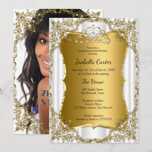 Invitación Tiara Dorada Blanca para Fiesta de Cumpleaños con