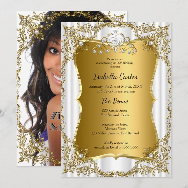 Invitación Tiara Dorada Blanca para Fiesta de Cumpleaños con  (Anverso / Reverso)