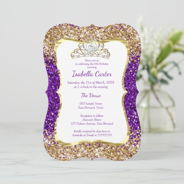 Invitación Tiara dorada blanca para fiesta de cumpleaños con  (Anverso de pie)