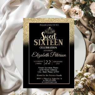 Invitación Tiara Dorada Brillo Bokeh Ombre Fiesta Dulces 16