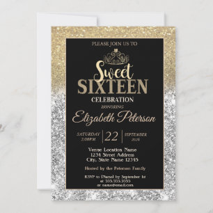 Invitación Tiara Dorada Brillo Plateado y Dorado Bokeh Sweet