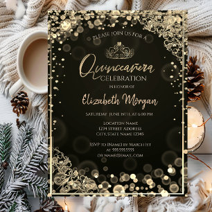 Invitación Tiara dorada chic, diamantes Quinceañera Bokeh osc