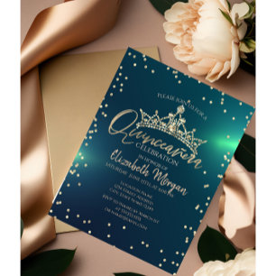 Invitación Tiara Dorada Chic, Diamantes Quinceañera Verde