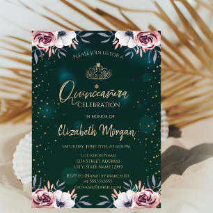 Invitación Tiara Dorada Chic, Diamantes, Rosas Verdes Quincea