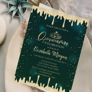 Invitación Tiara dorada chic, gotas brillantes Quinceañera ve