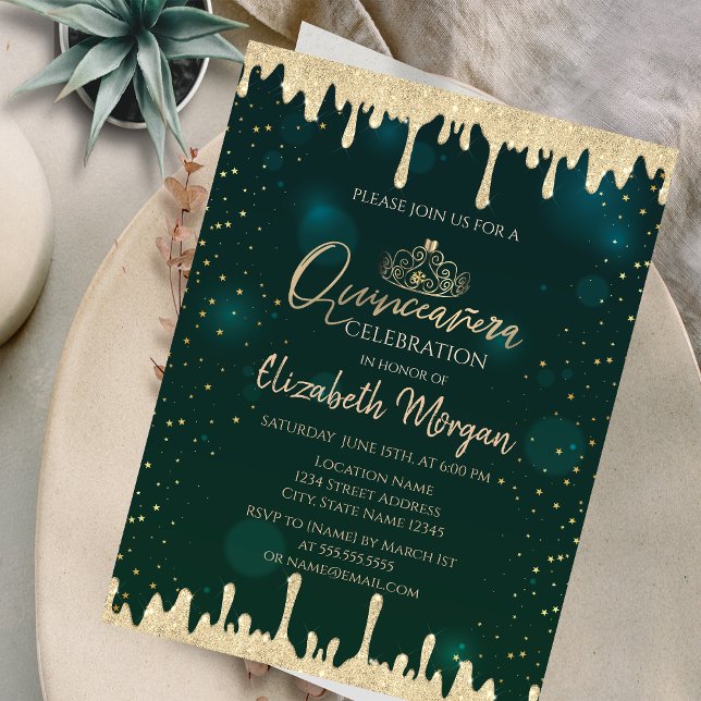 Invitación Tiara dorada chic, gotas brillantes Quinceañera ve (Subido por el creador)