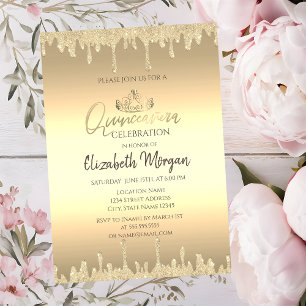 Invitación Tiara Dorada Chic, Quinceañera Dorada con Brillos 