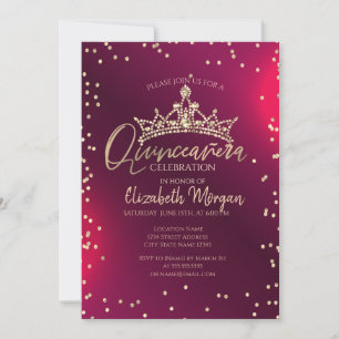 Invitación Tiara dorada chic,Quinceañera roja de diamantes