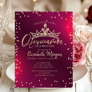 Invitación Tiara dorada chic,Quinceañera roja de diamantes