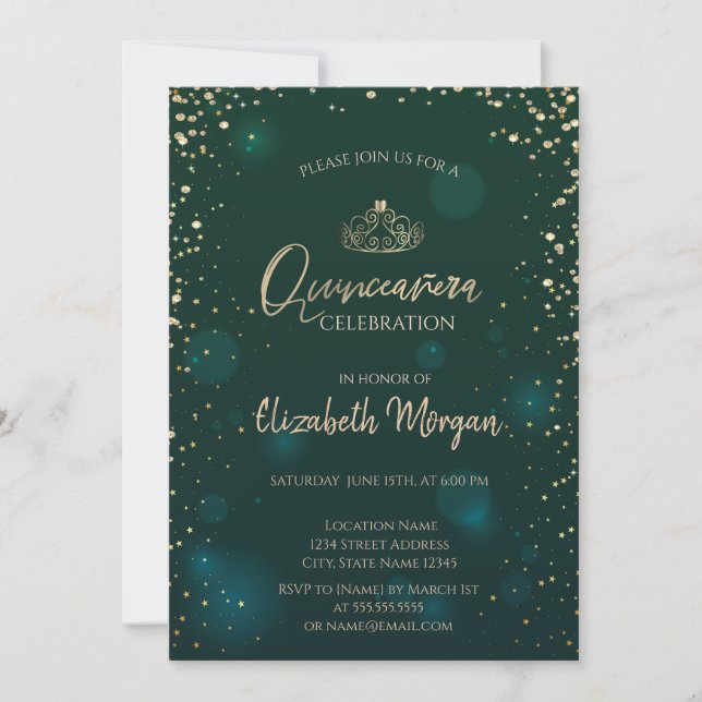 Invitación Tiara dorada chic, Quinceañera verde diamantes (Anverso)