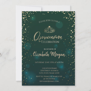 Invitación Tiara dorada chic, Quinceañera verde diamantes
