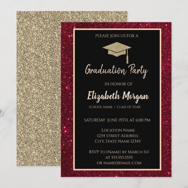 Invitación Tiara dorada con brillo rojo de graduación (Anverso / Reverso)