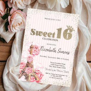 Invitación Tiara dorada, Confeti, Cumpleaños dulce 16 rayado