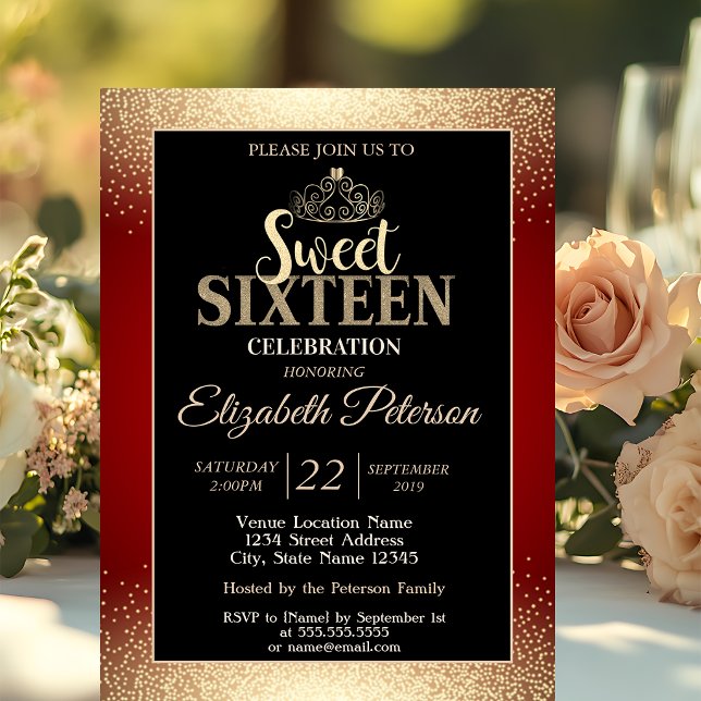 Invitación Tiara Dorada Confeti, Fiesta Dulces 16 Rojo (Subido por el creador)