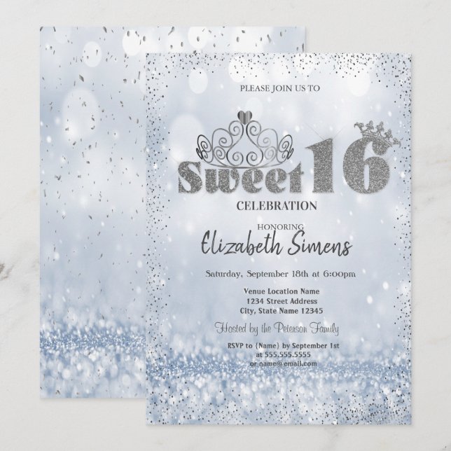 Invitación Tiara Dorada Confeti Princesa Bokeh Dulces 16 (Anverso / Reverso)