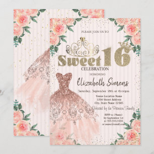 Invitación Tiara dorada, Confeti, Vestido, Dulces 16 Floral a