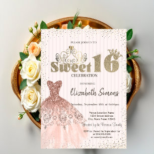Invitación Tiara dorada, Confeti, Vestido, Dulces 16 rayados