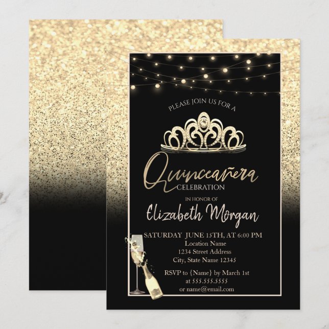 Invitación Tiara dorada, copa de vino con brillo Quinceañera (Anverso / Reverso)