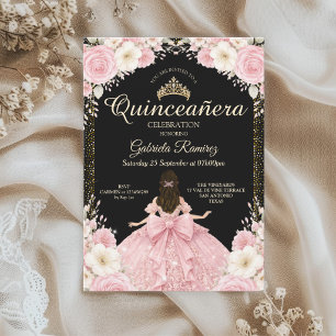 Invitación Tiara dorada de acuarela negra y rosa rubor