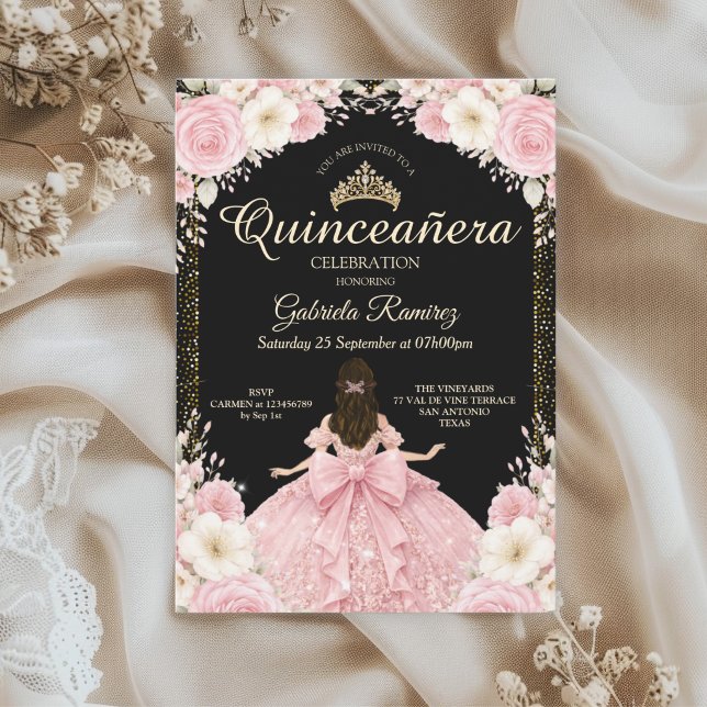 Invitación Tiara dorada de acuarela negra y rosa rubor (Subido por el creador)