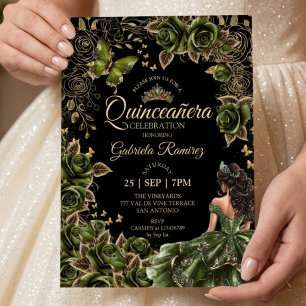 Invitación Tiara dorada de Quinceañera verde esmeralda y negr