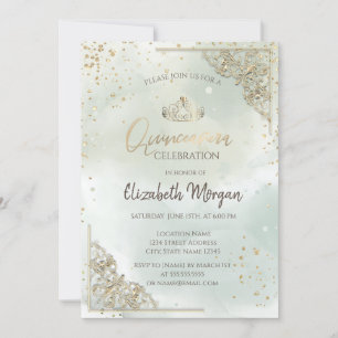 Invitación Tiara Dorada, Diamantes Acuarela Fondo Verde Quinc