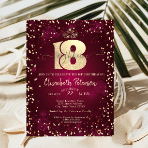 Invitación Tiara Dorada, Diamantes Burgundy Fiesta de Cumplea
