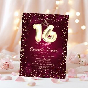 Invitación Tiara Dorada, Diamantes Fiesta Dulces 16 Burgundy